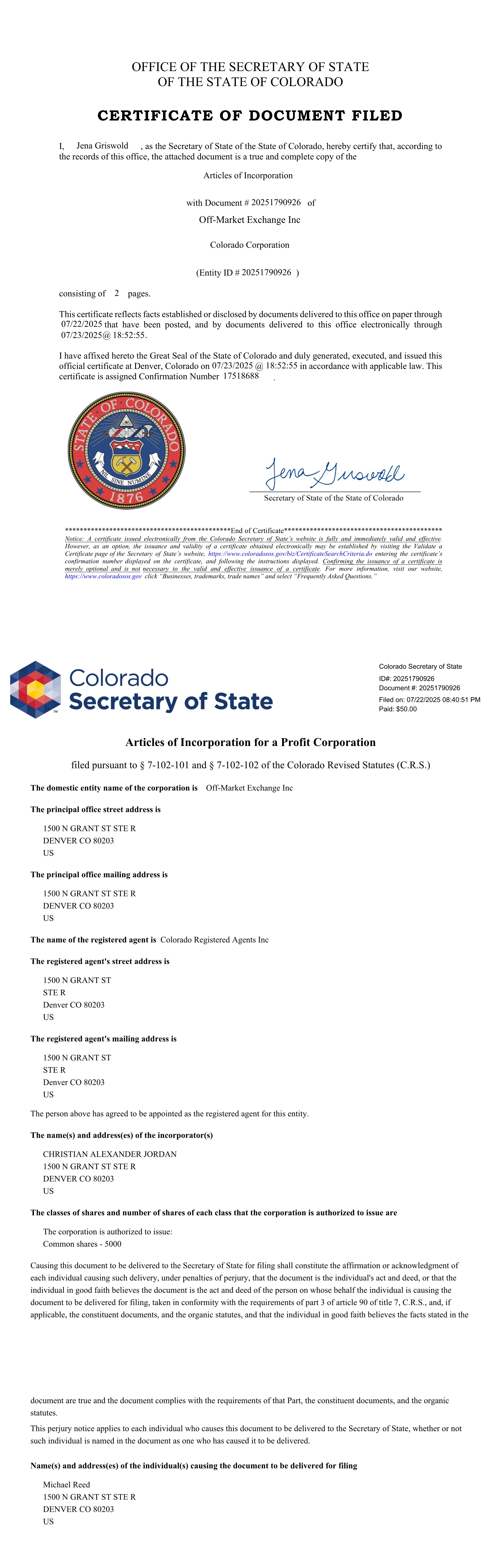 Certificate of Document Filed